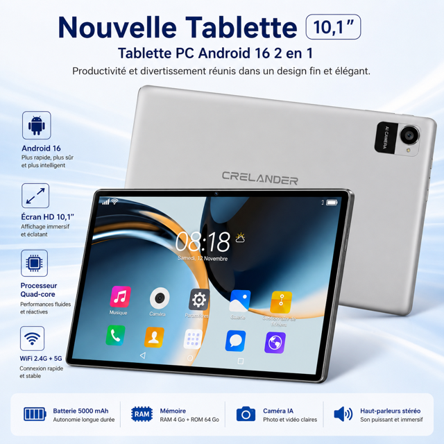 Tablette Android 16 10,1" 12 Go RAM + 128 Go – WiFi 5G