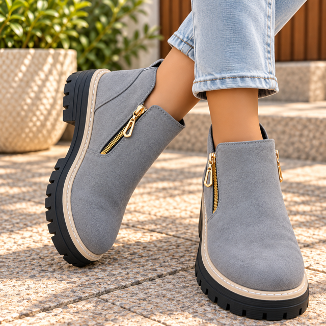 Bottines Femme à Zip Doré – Semelle Crantée Style Chic et Tendance