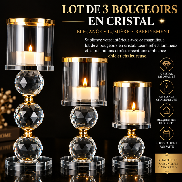 Lot de 3 Bougeoirs en Cristal Doré Décoratifs