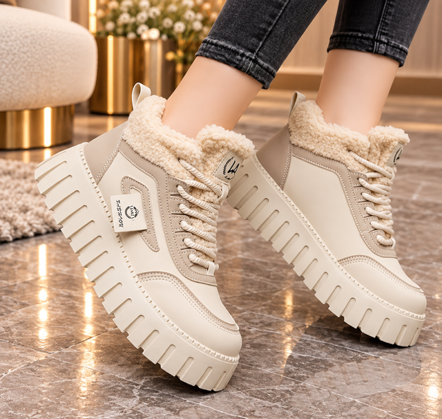 Baskets Montantes Femme Fourrées à Semelle Épaisse – Beige ou Noir