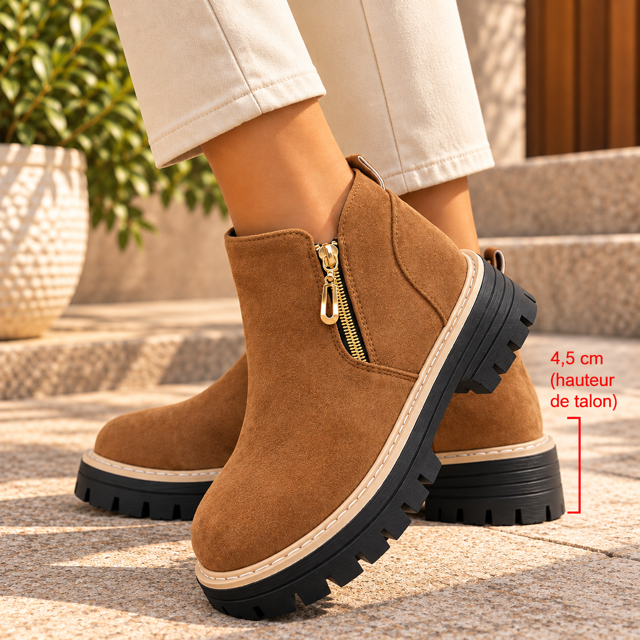 Bottines Femme à Zip Doré – Semelle Crantée Style Chic et Tendance
