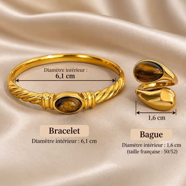 Ensemble Bijoux Femme Doré Bague et Bracelet Œil-de-Tigre