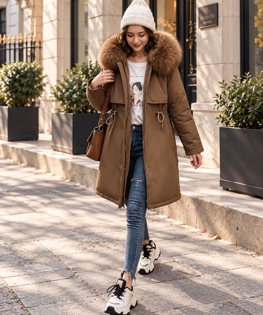 Parka Femme ALYANA – Capuche à Bordure Fourrure – Noir & Marron