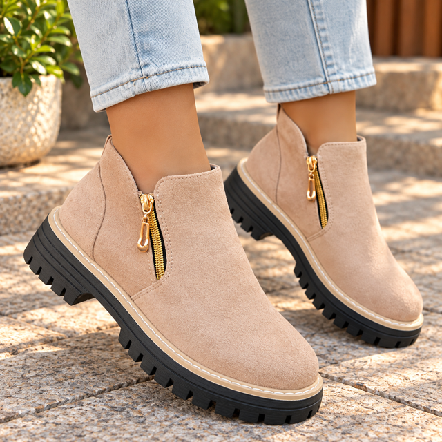 Bottines Femme à Zip Doré – Semelle Crantée Style Chic et Tendance