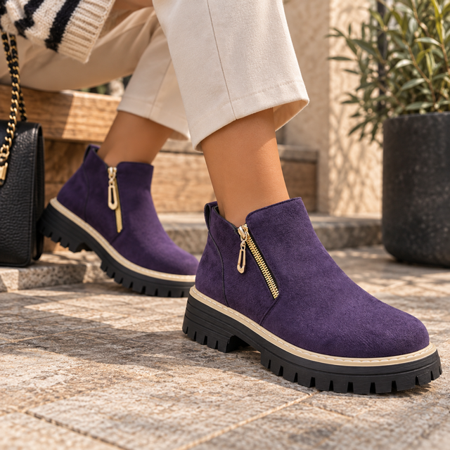 Bottines Femme à Zip Doré – Semelle Crantée Style Chic et Tendance