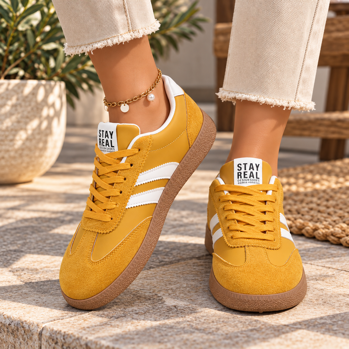 Baskets Femme Rétro Chic à Bandes Contrastées – Sneakers Basses Multicolores