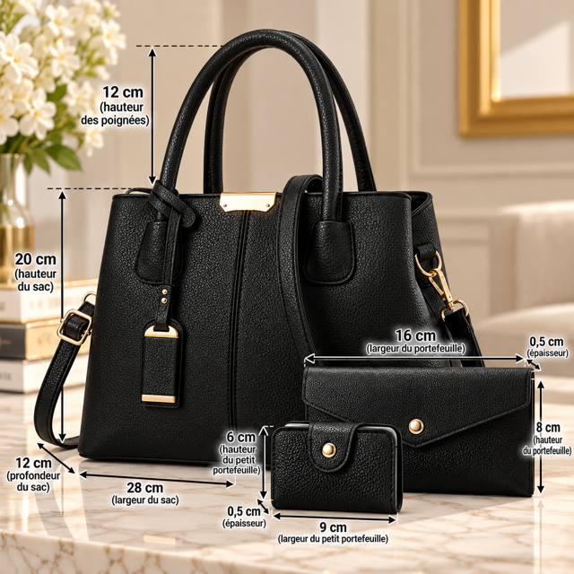 Ensemble Sac à Main Femme 3 Pièces Chic – Sac, Portefeuille et Porte-Monnaie  Karina