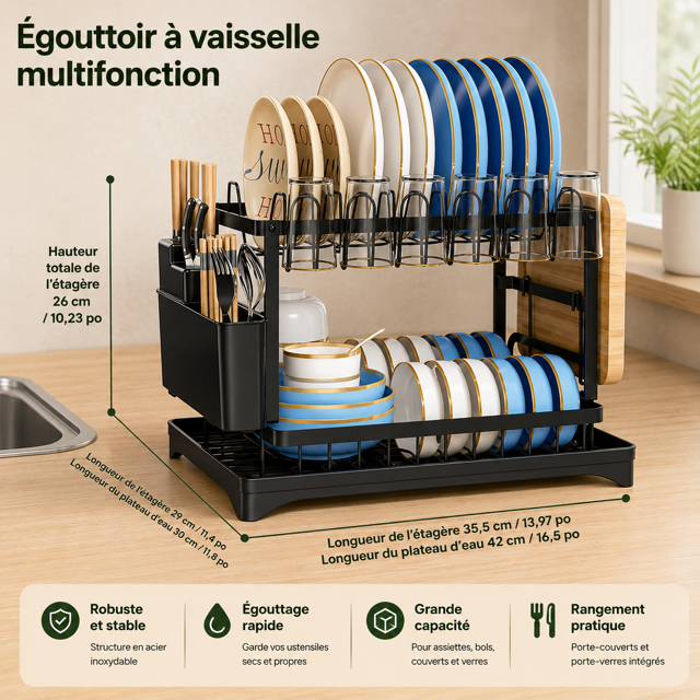 Égouttoir à Vaisselle Multifonction 2 Niveaux – Grande Capacité avec Évacuation d’Eau
