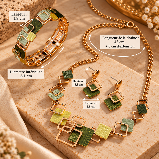 Parure Bijoux Femme 3 Pièces Dorée & Verte – Design Géométrique