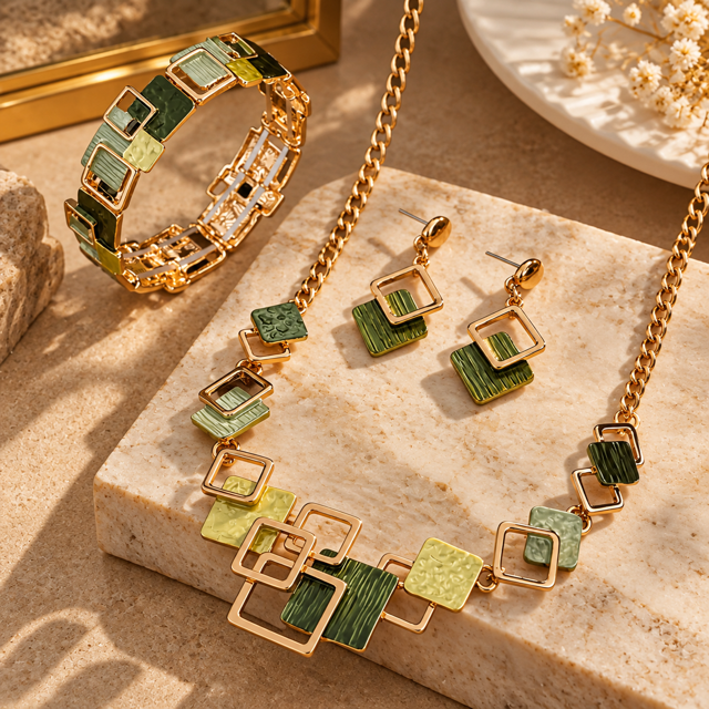 Parure Bijoux Femme 3 Pièces Dorée & Verte – Design Géométrique