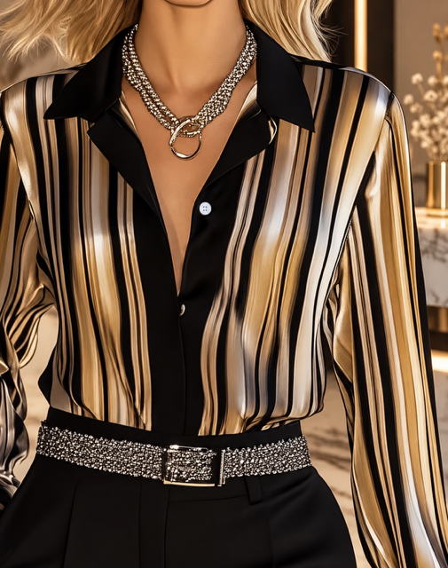 Chemise Femme Satinée à Rayures – Noir, Beige & Doré