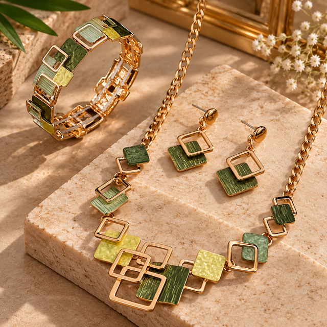 Parure Bijoux Femme 3 Pièces Dorée & Verte – Design Géométrique