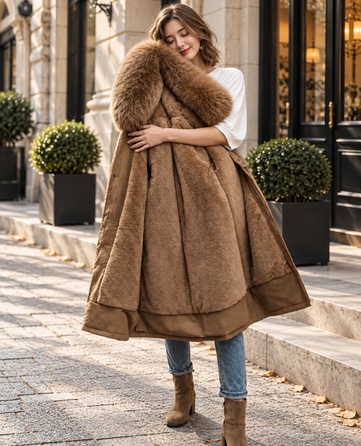 Parka Femme ALYANA – Capuche à Bordure Fourrure – Noir & Marron