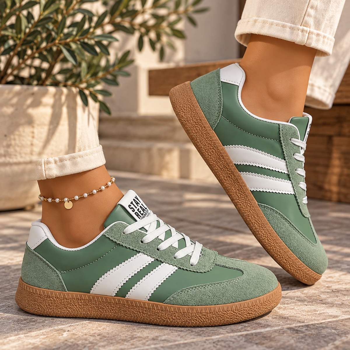 Baskets Femme Rétro Chic à Bandes Contrastées – Sneakers Basses Multicolores