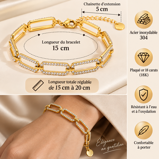 Bracelet Femme Doré 18K Maillons Strass Acier Inoxydable