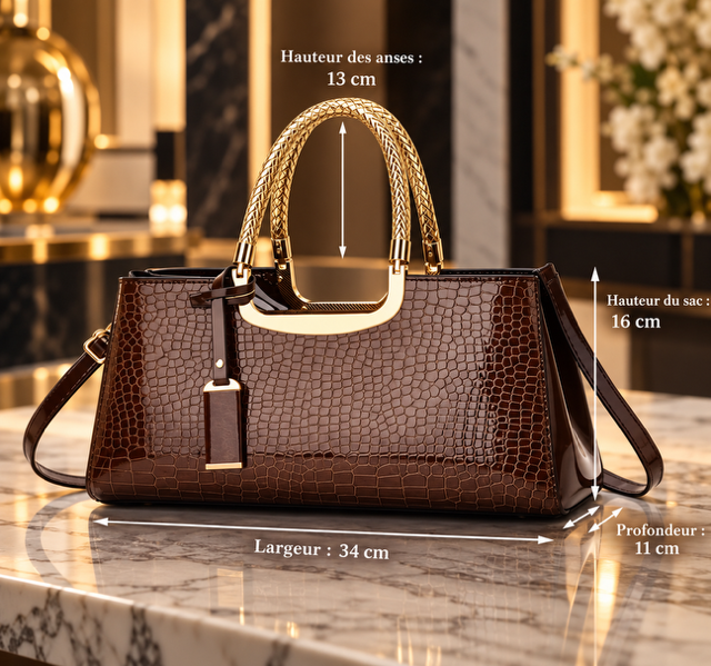 Sac à Main Femme Chic Effet Croco Brillant avec Anses Dorées