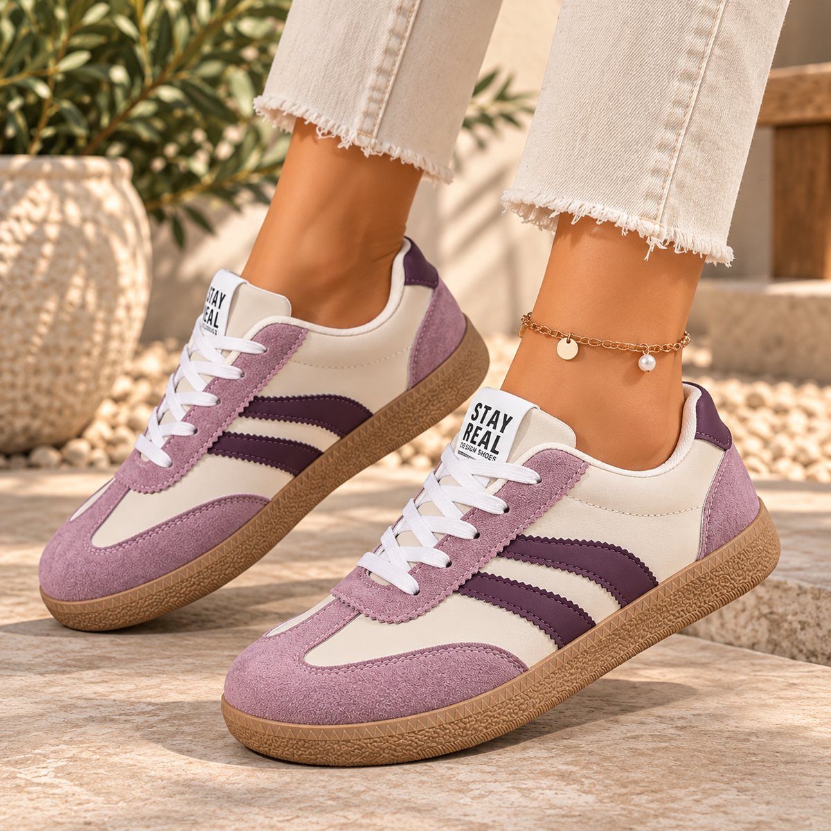 Baskets Femme Rétro Chic à Bandes Contrastées – Sneakers Basses Multicolores