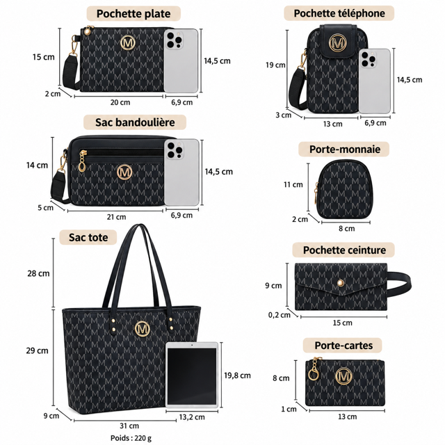 Ensemble 7 Pièces Sacs Femme avec Cabas et Pochettes