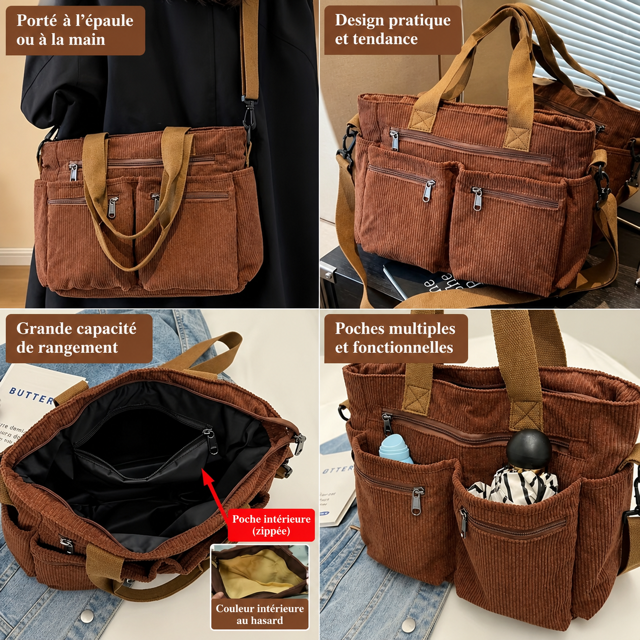 Sac Cabas en Velours Côtelé Multipoches – 4 Coloris
