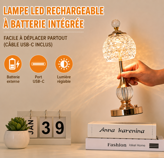 Lampe LED Cristal Rechargeable Sans Fil Design Luxe