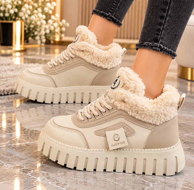Baskets Montantes Femme Fourrées à Semelle Épaisse – Beige ou Noir