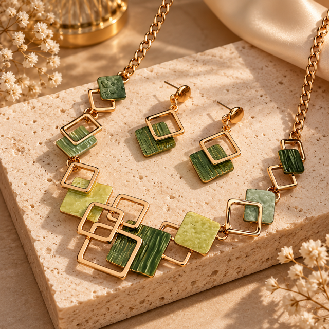Parure Bijoux Femme 3 Pièces Dorée & Verte – Design Géométrique