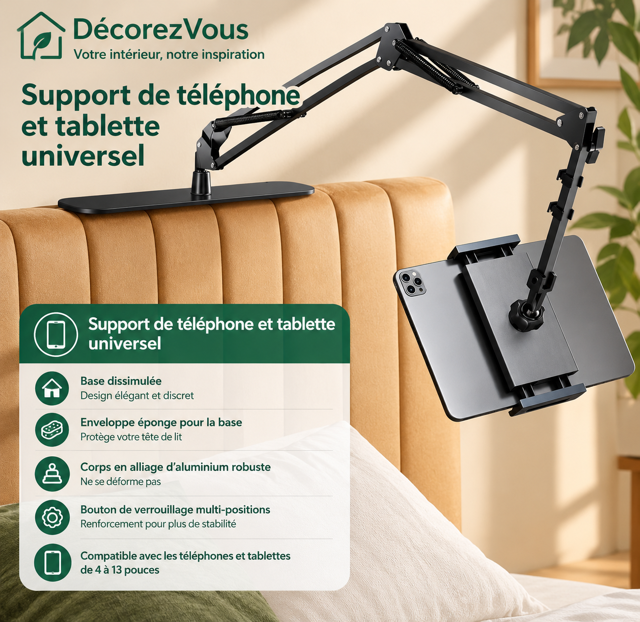 Support Téléphone et Tablette Universel à Bras Articulé Réglable