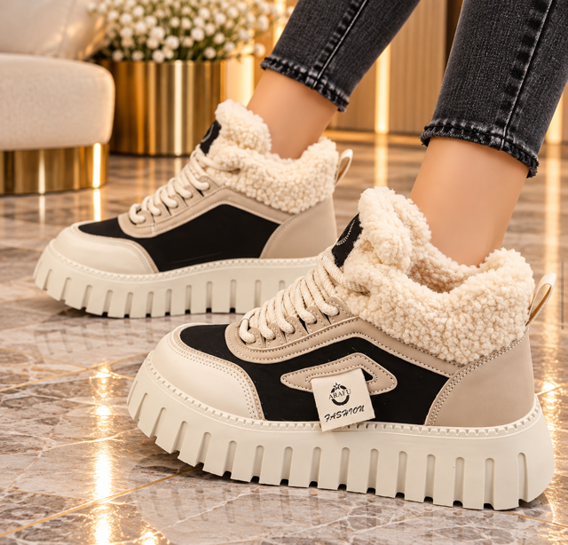 Baskets Montantes Femme Fourrées à Semelle Épaisse – Beige ou Noir