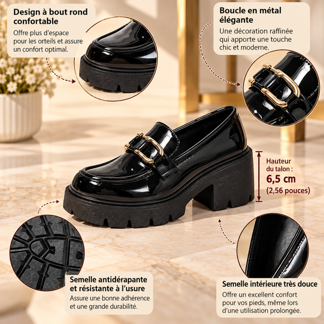 Mocassins Lola Femme Vernis à Talon Épais et Boucle Dorée
