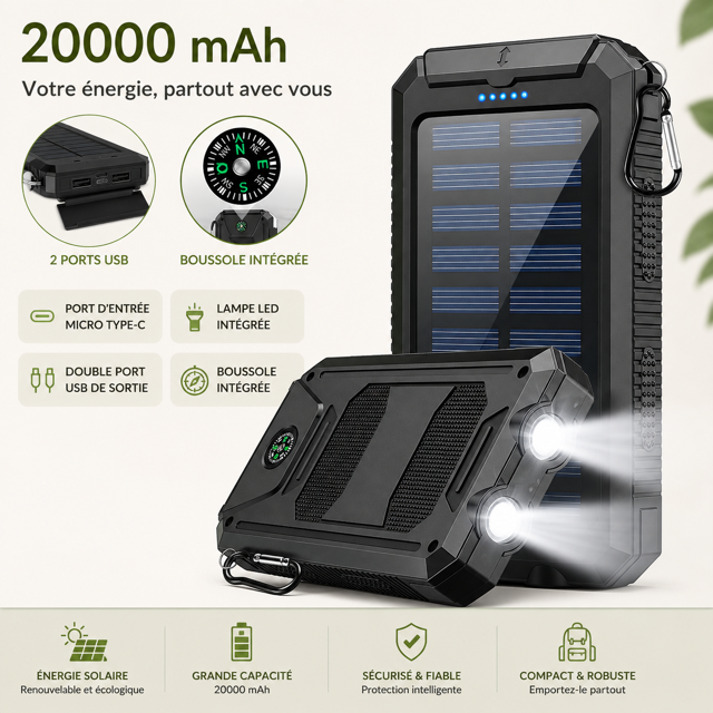 PowerBank Solaire 20 000 mAh – L’Indispensable de vos Aventures