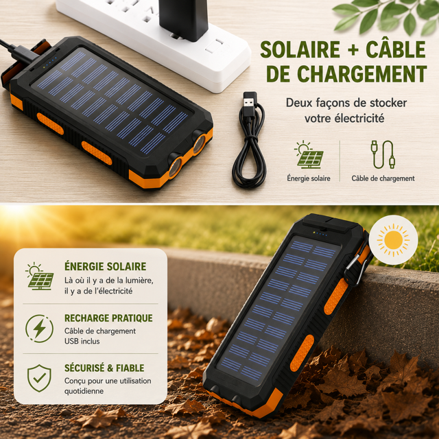 PowerBank Solaire 20 000 mAh – L’Indispensable de vos Aventures