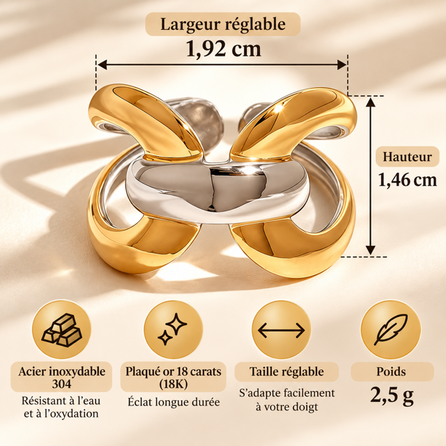 Bague Femme Large Entrelacée Design Chic Doré Argenté
