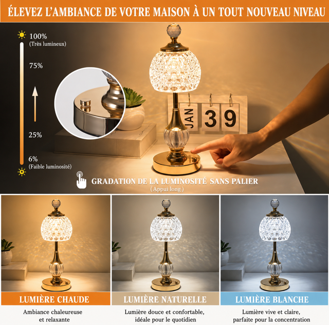 Lampe LED Cristal Rechargeable Sans Fil Design Luxe