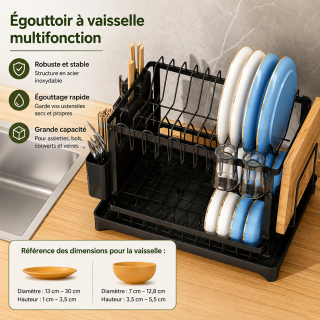 Égouttoir à Vaisselle Multifonction 2 Niveaux – Grande Capacité avec Évacuation d’Eau