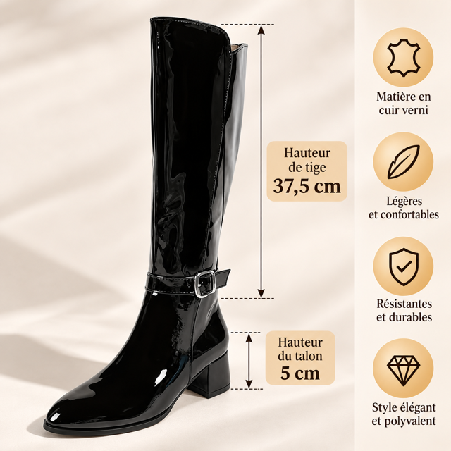 Bottes Hautes Femme Vernies Noires à Talon et Boucle