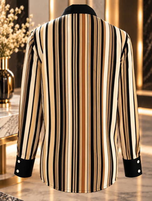 Chemise Femme Satinée à Rayures – Noir, Beige & Doré