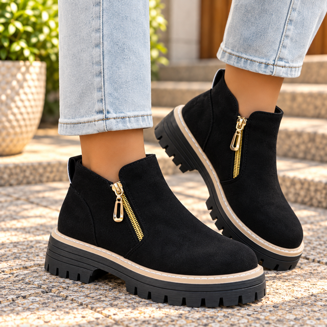 Bottines Femme à Zip Doré – Semelle Crantée Style Chic et Tendance