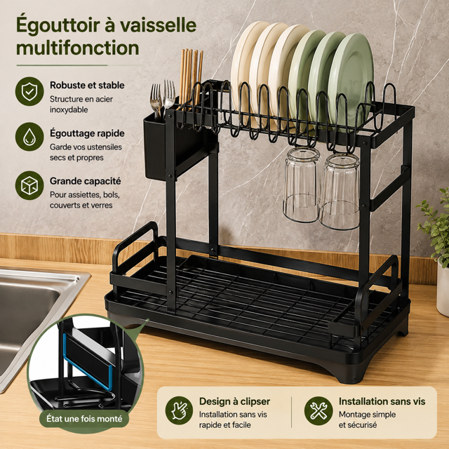 Égouttoir à Vaisselle Multifonction 2 Niveaux – Grande Capacité avec Évacuation d’Eau