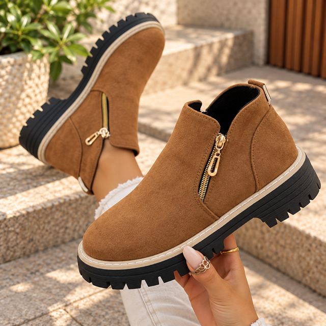 Bottines Femme à Zip Doré – Semelle Crantée Style Chic et Tendance