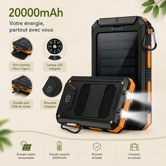 PowerBank Solaire 20 000 mAh – L’Indispensable de vos Aventures