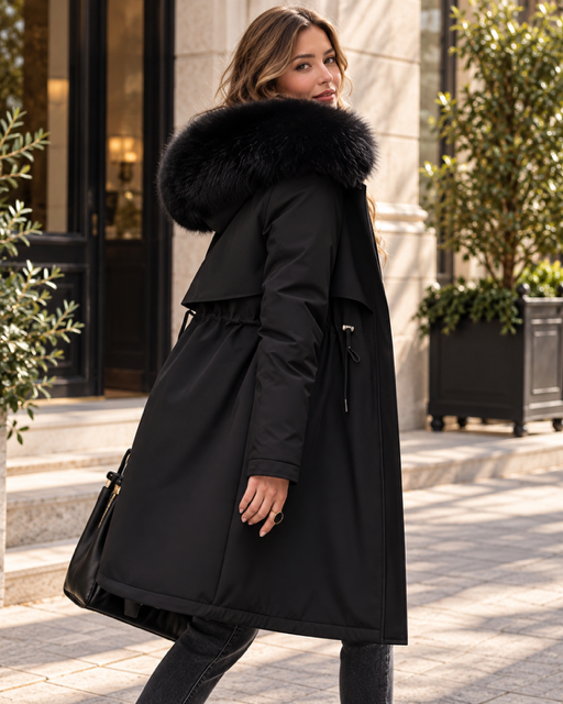 Parka Femme ALYANA – Capuche à Bordure Fourrure – Noir & Marron