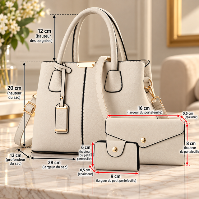 Ensemble Sac à Main Femme 3 Pièces Chic – Sac, Portefeuille et Porte-Monnaie  Karina