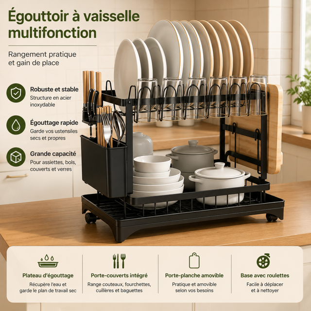 Égouttoir à Vaisselle Multifonction 2 Niveaux – Grande Capacité avec Évacuation d’Eau