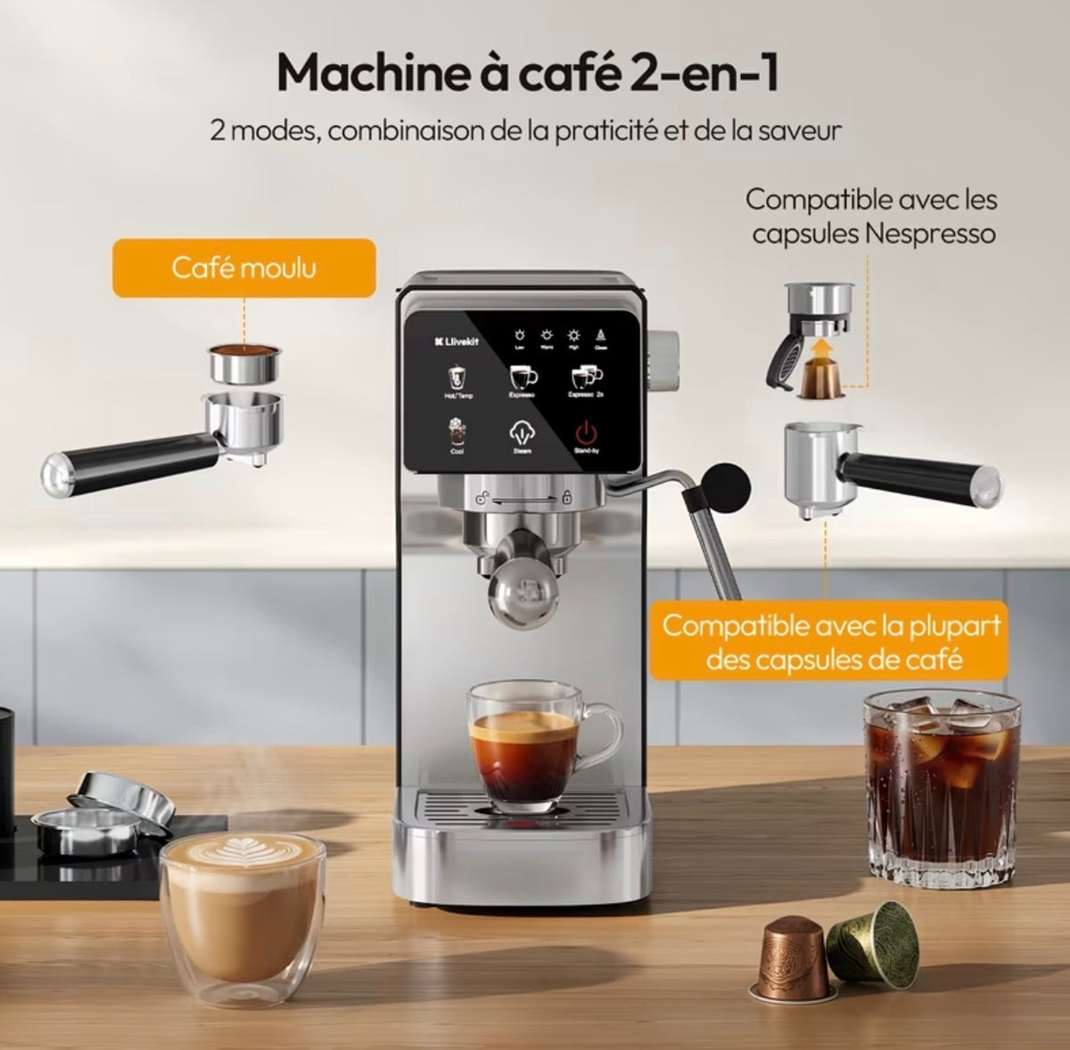 Machine à Café Expresso 20 Bars avec Buse Vapeur – 1 ou 2 Tasses