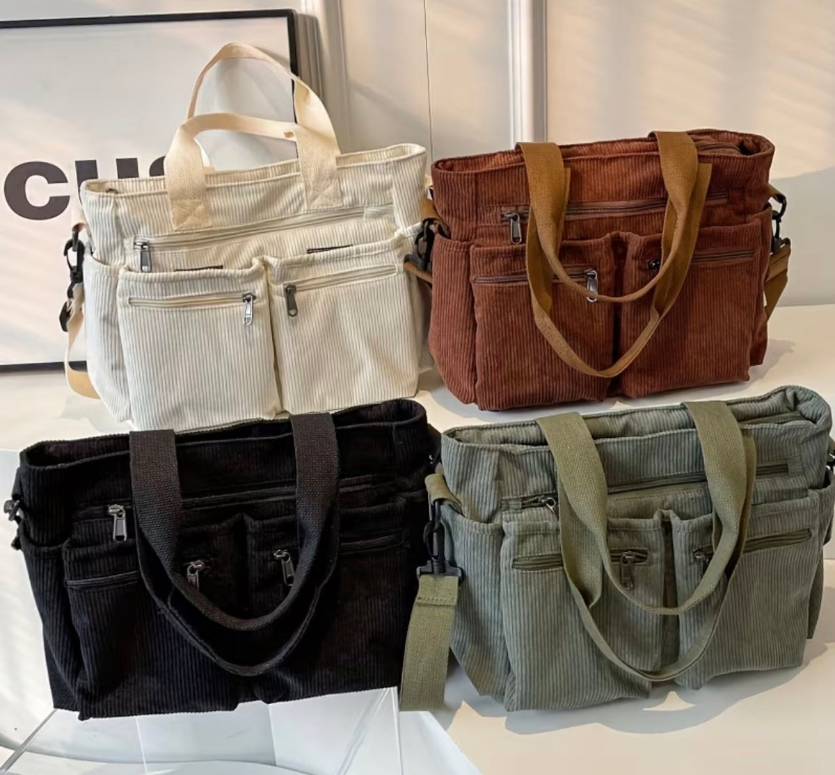 Sac Cabas en Velours Côtelé Multipoches – 4 Coloris