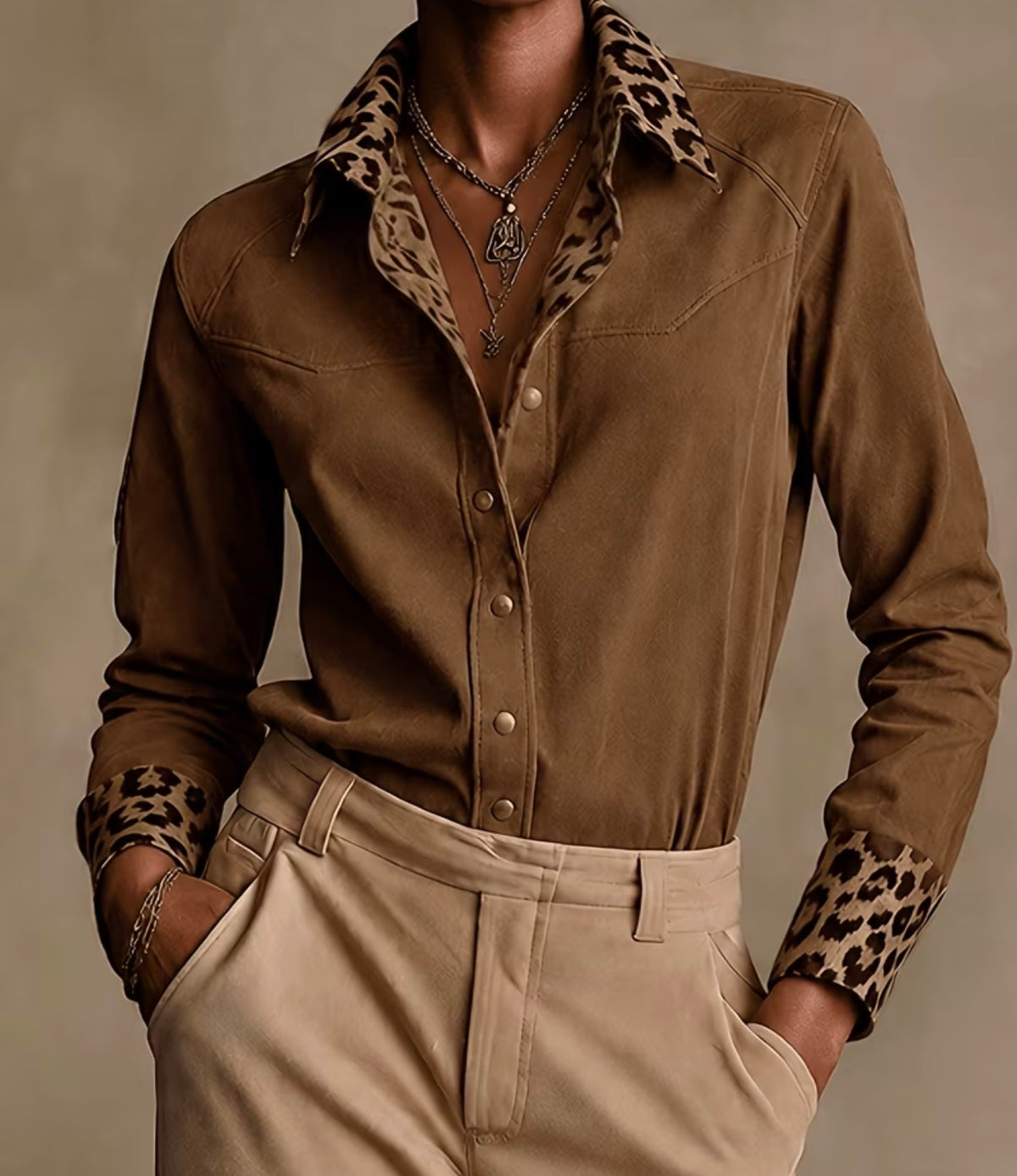 Chemise Femme Élégante Col Léopard Manches Longues