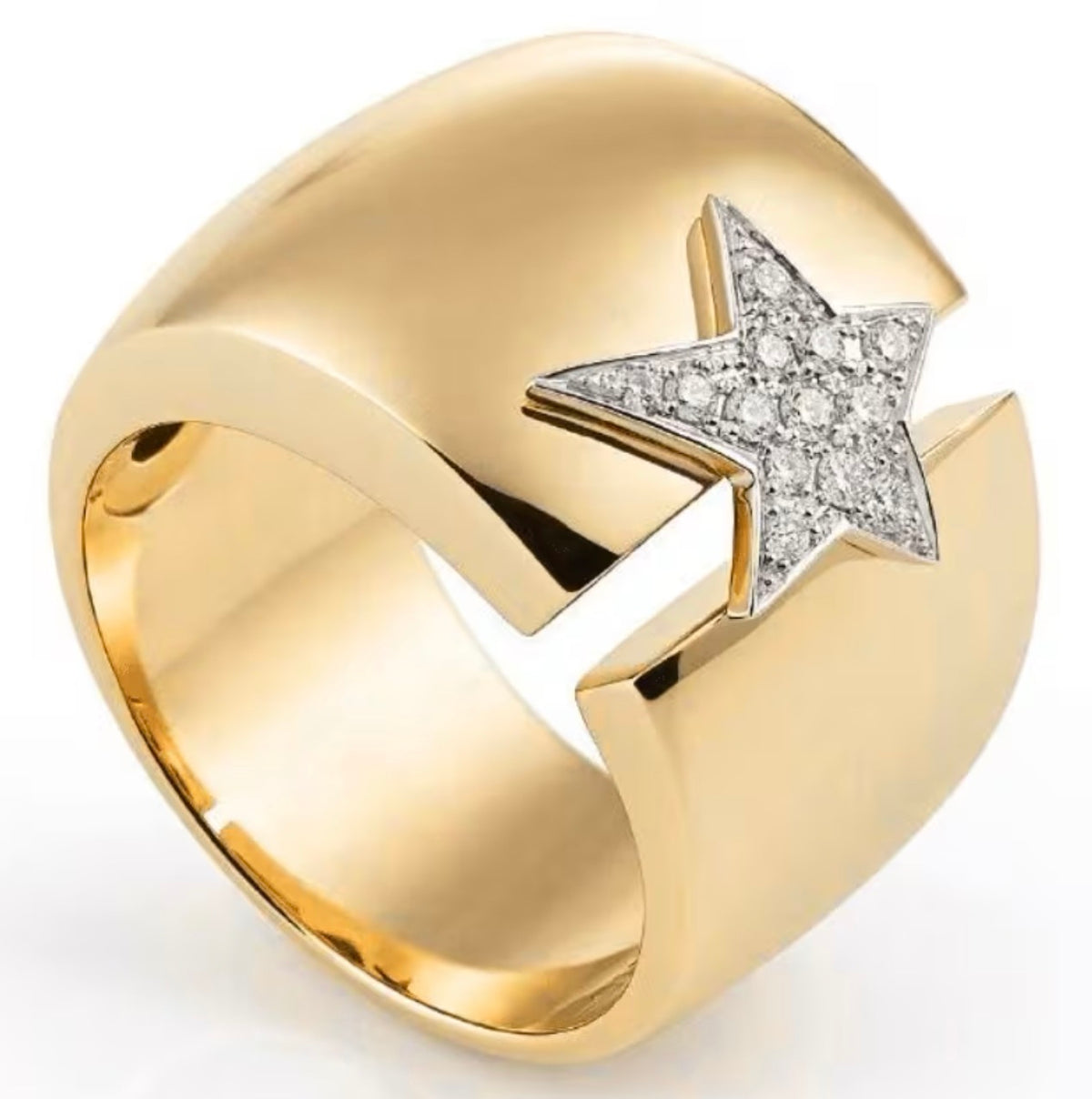 Bague Femme Dorée Large avec Étoile et Strass Brillants