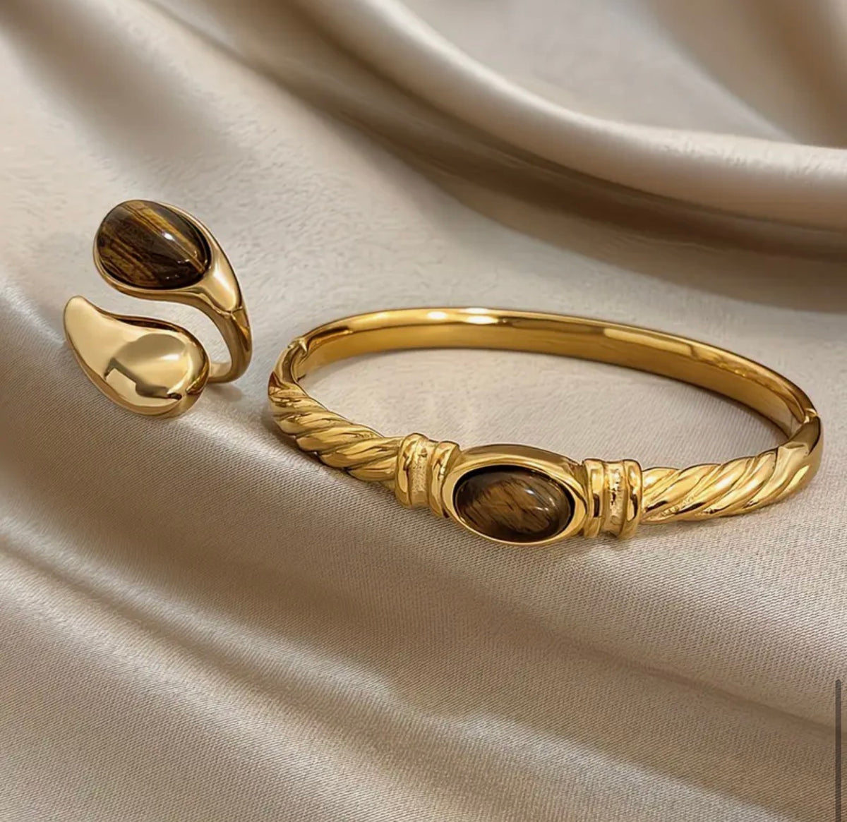 Ensemble Bijoux Femme Doré Bague et Bracelet Œil-de-Tigre