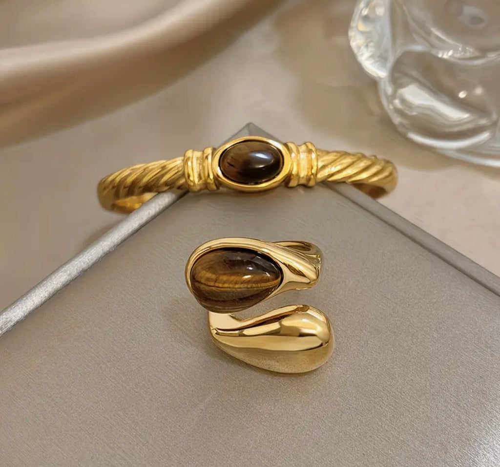 Ensemble Bijoux Femme Doré Bague et Bracelet Œil-de-Tigre