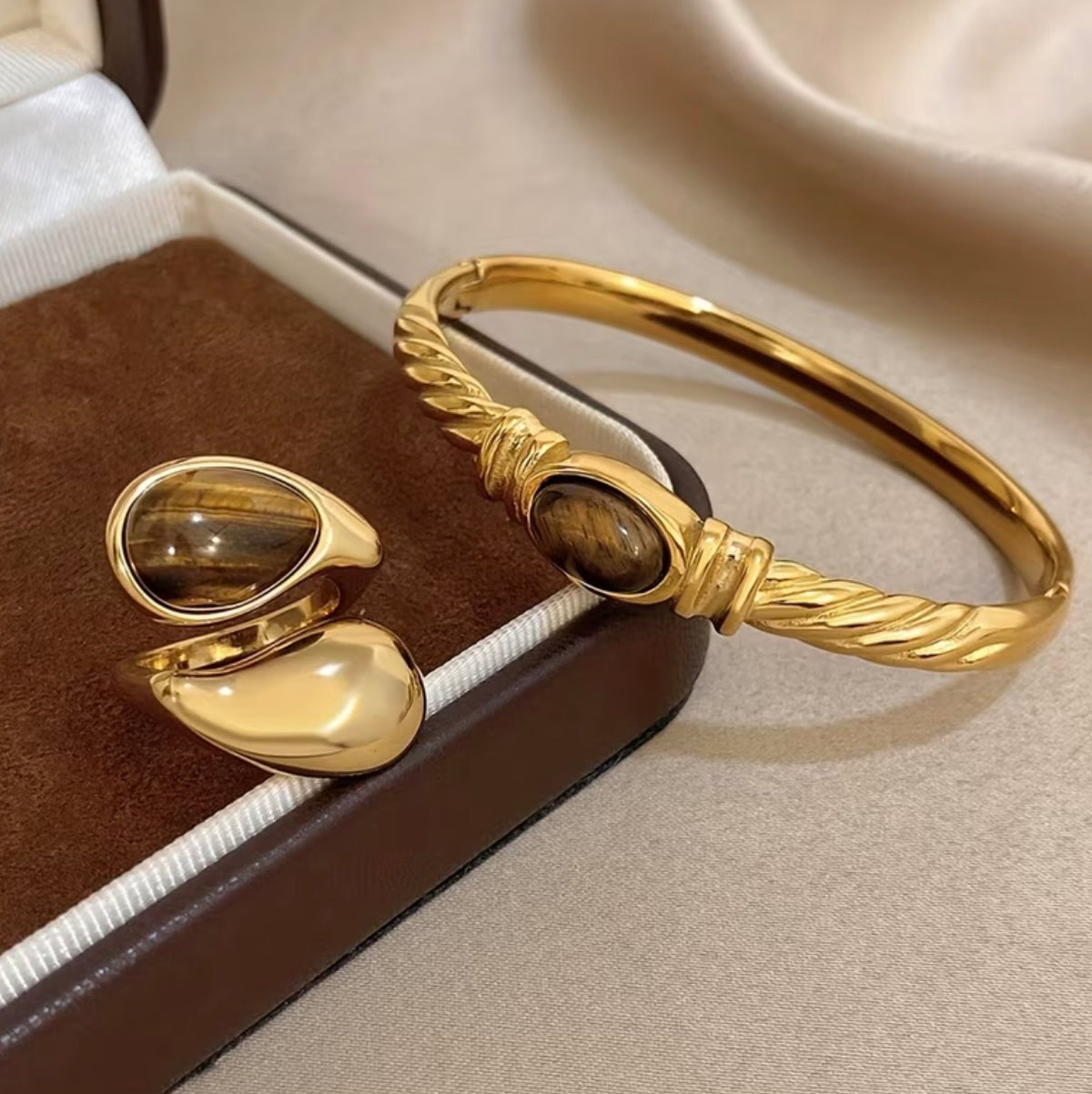 Ensemble Bijoux Femme Doré Bague et Bracelet Œil-de-Tigre